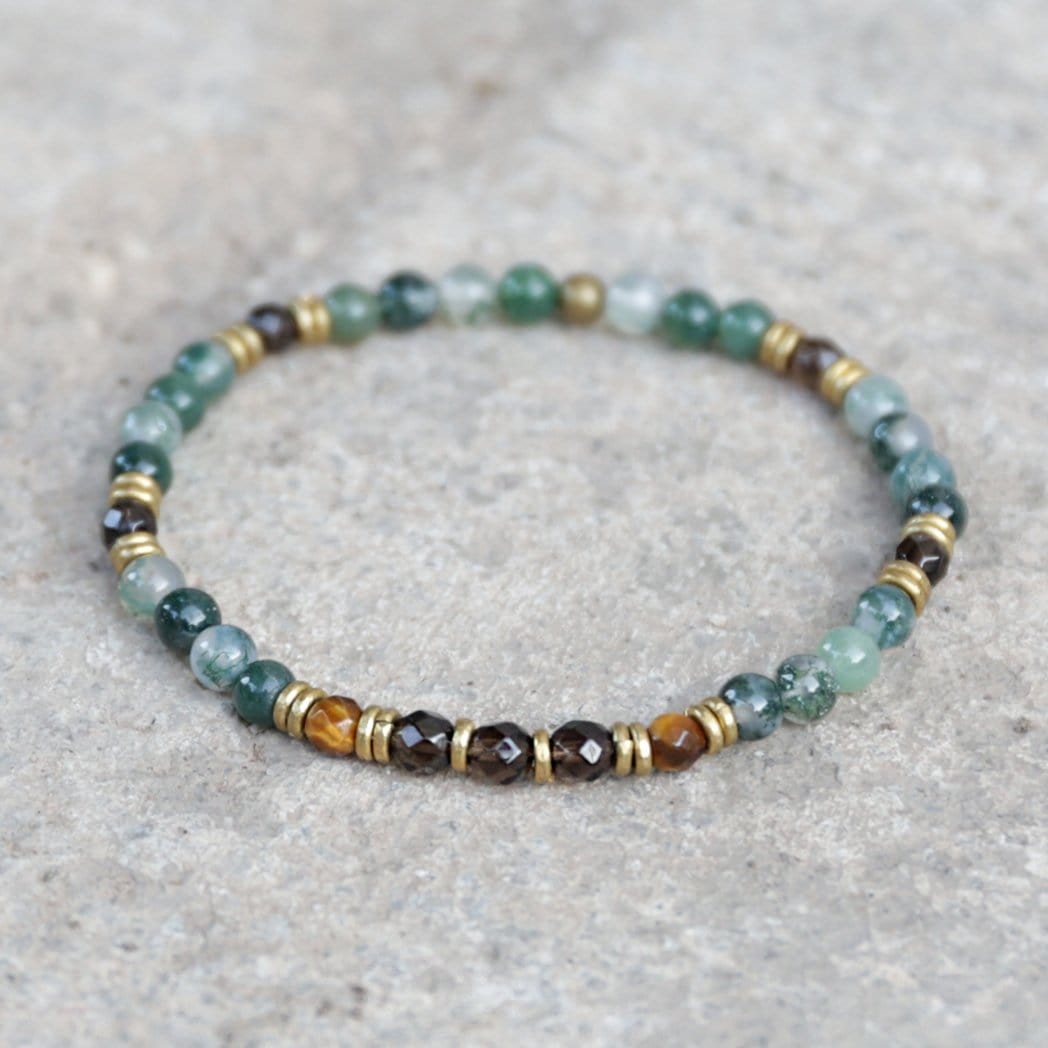 Bracelets - "Prosperity And Abundance" Moss Agate And Smoky Quartz Delicate Gemstone Bracelet
