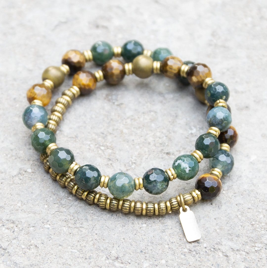 Moss Agate And Tiger's Eye Mala Bracelet