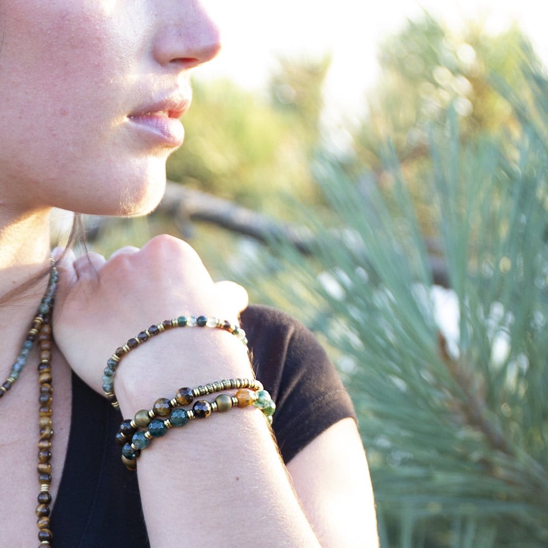 Moss Agate And Tiger's Eye Mala Bracelet