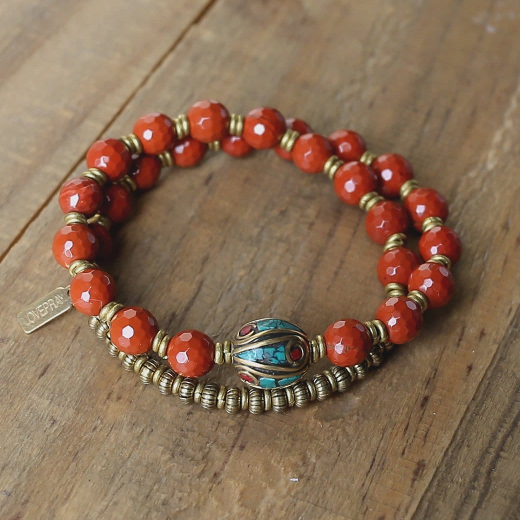 Bracelets - Red Jasper And Tibetan Guru Bead 'Protection' Wrist Mala Bracelet