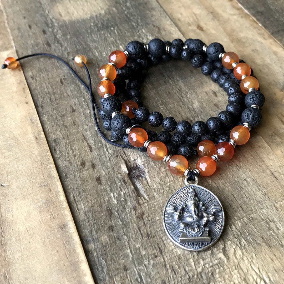 Bracelets - Sacral Chakra Aromatherapy Lava Rock Mala Beads With Ganesh Pendant