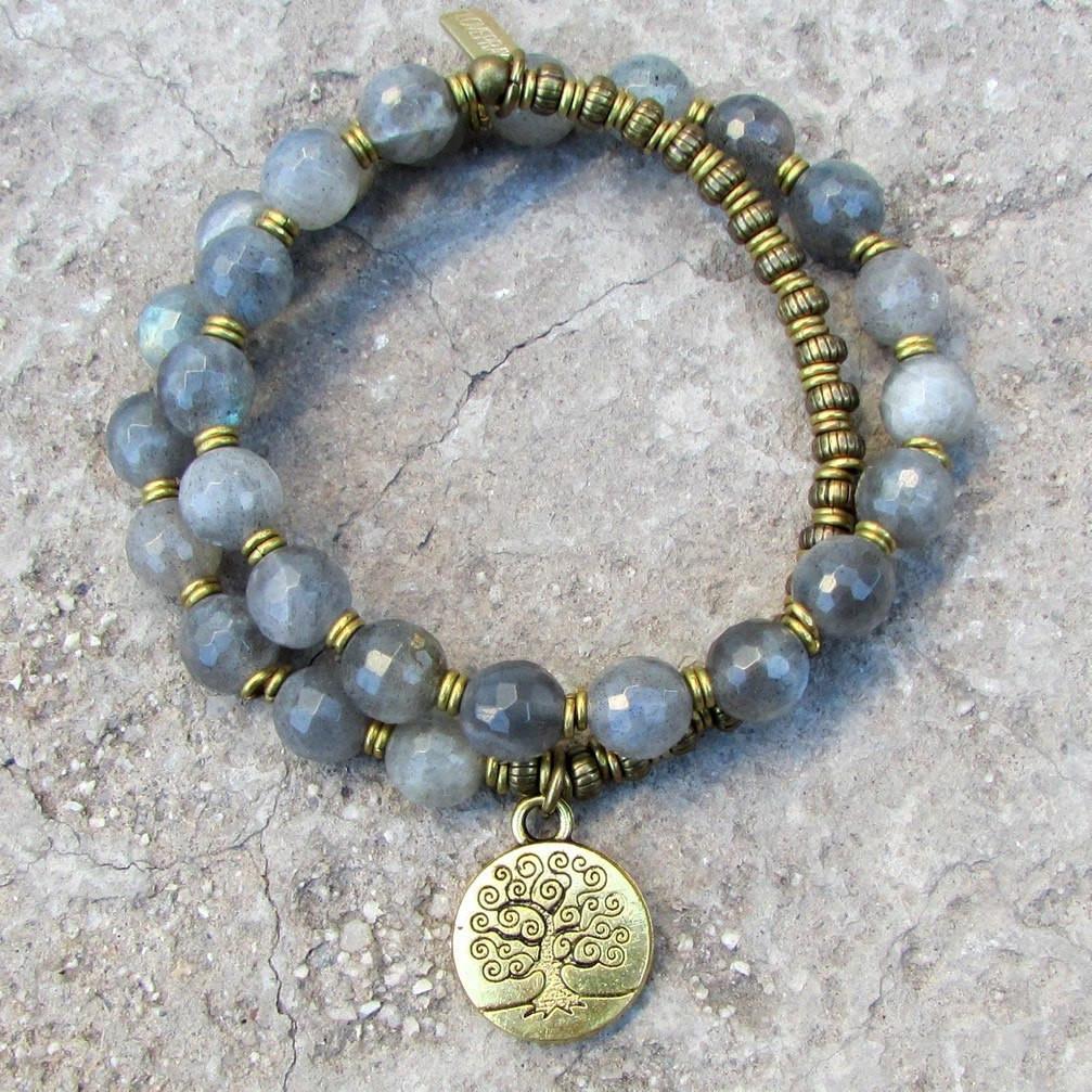 Bracelets - Serendipity, Genuine Labradorite 27 Bead Wrap Mala Bracelet