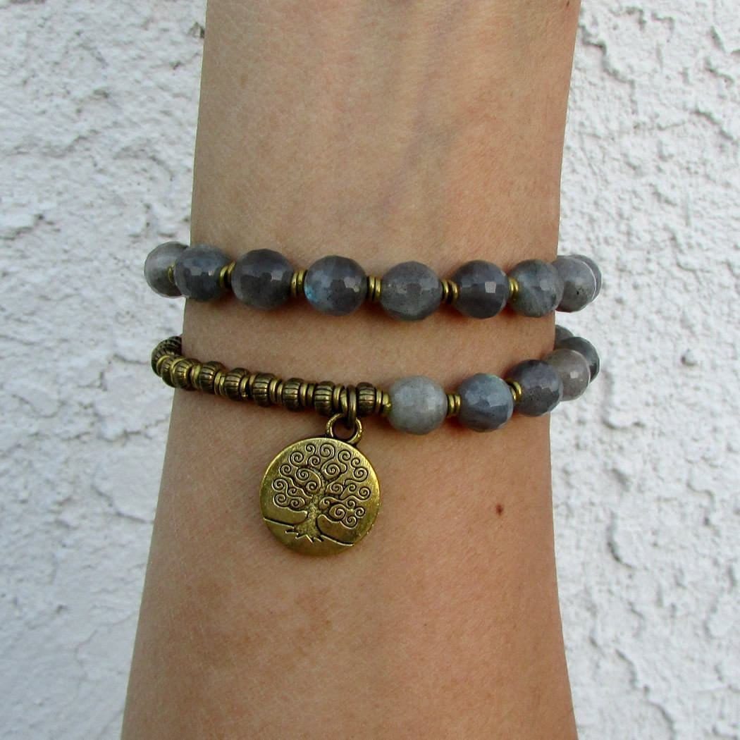 Bracelets - Serendipity, Genuine Labradorite 27 Bead Wrap Mala Bracelet