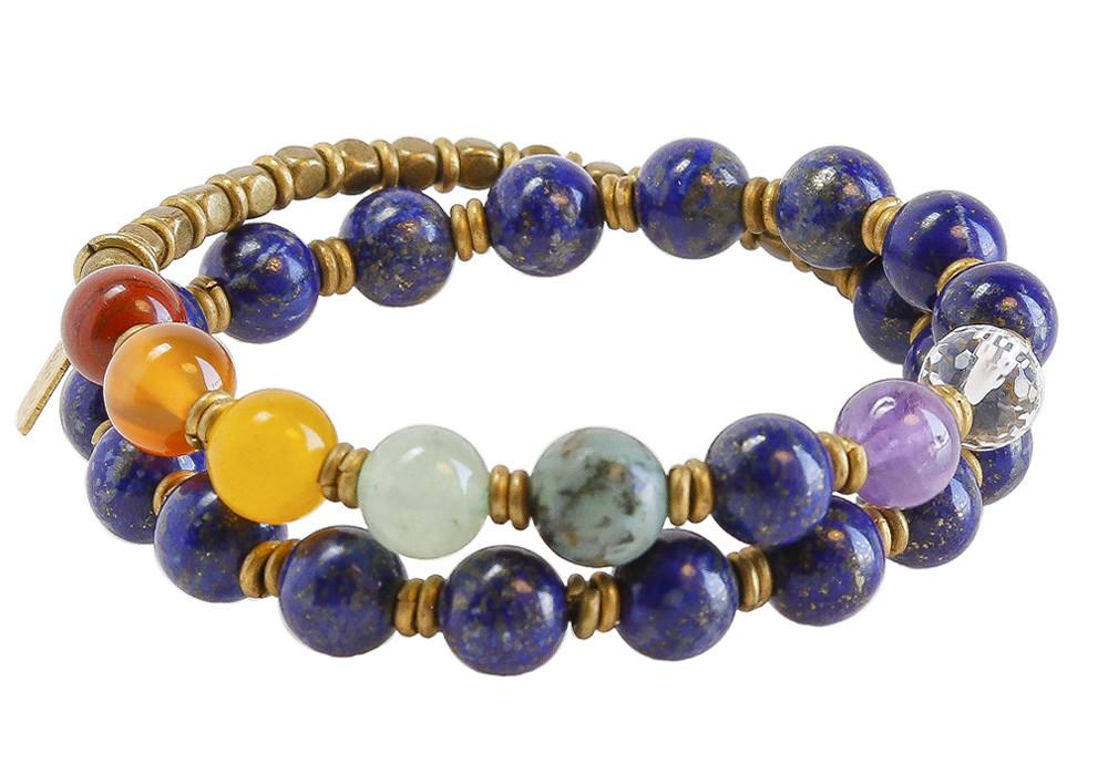 Bracelets - Sixth Chakra, Genuine Lapis Lazuli And Chakra Gemstones 27 Bead Wrap Mala Bracelet