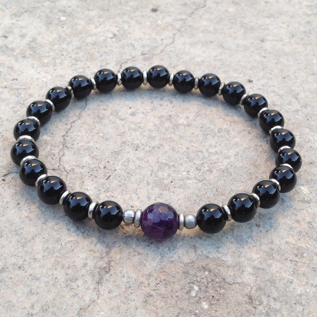 Bracelets - Soothing And Patience, Genuine Onyx And Amethyst Mala Bracelet