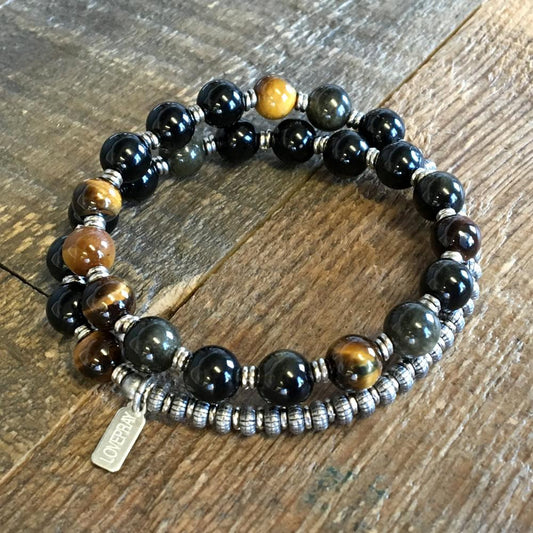 Bracelets - Strength And Prosperity, Golden Obsidian And Tigers Eye 27 Bead Wrist Mala Bracelet