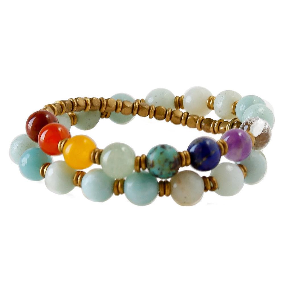 Bracelets - Throat Chakra, Genuine Faceted Amazonite "Confidence" 27 Bead Wrap Mala Bracelet