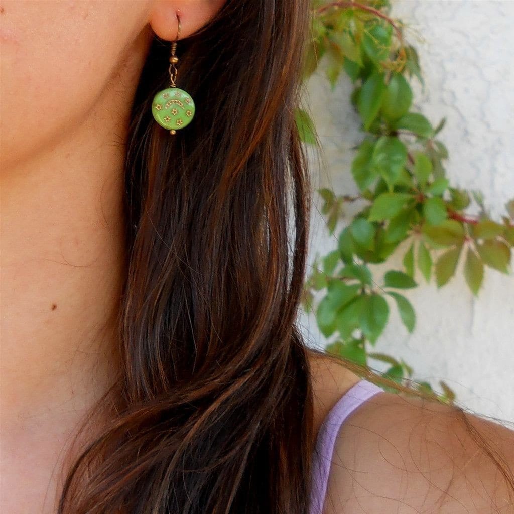 Earrings - Bohemia- Cool Green Hand Painted Colored Glass