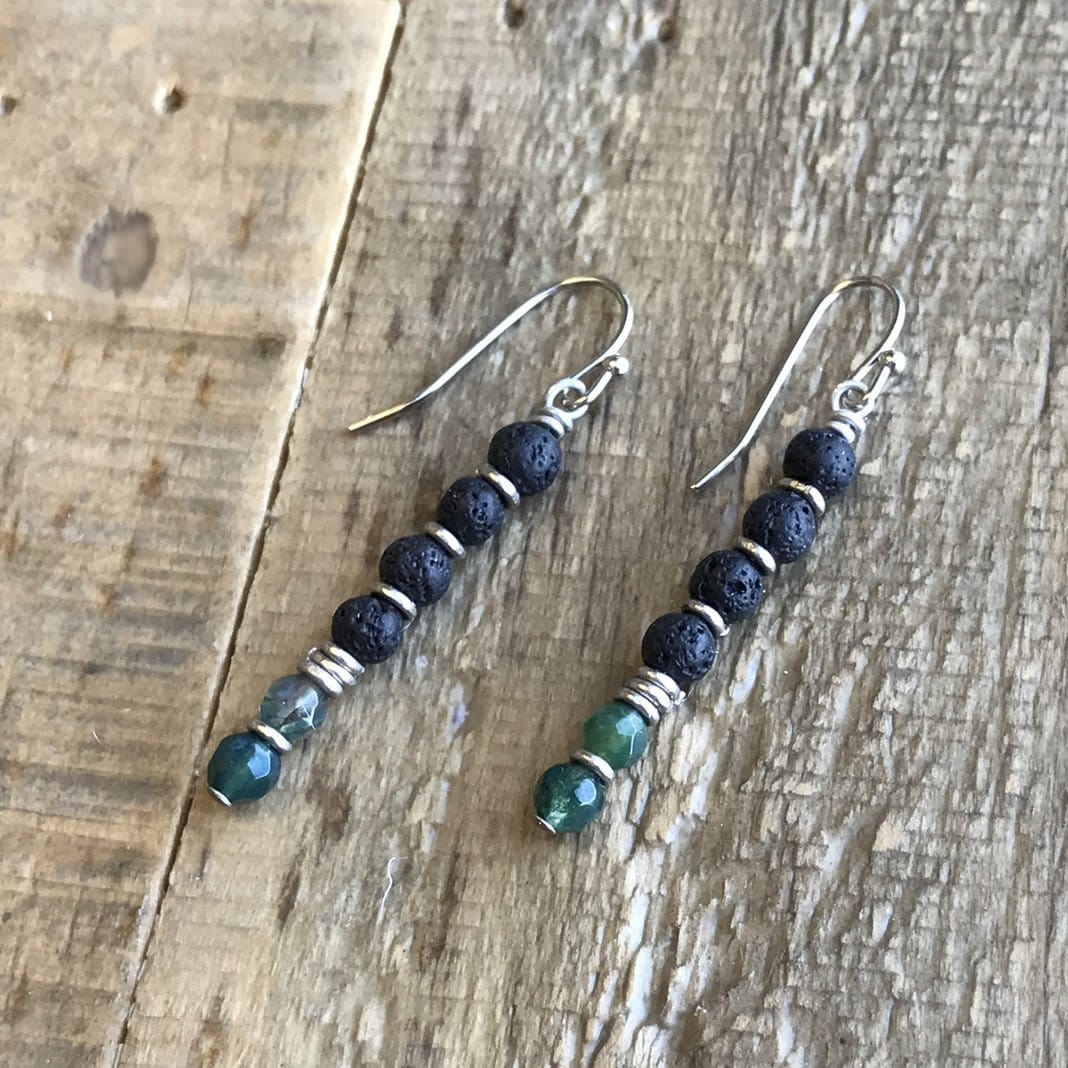 Earrings - Heart Chakra Aromatherapy Earrings With Lava Rock And Moss Agate