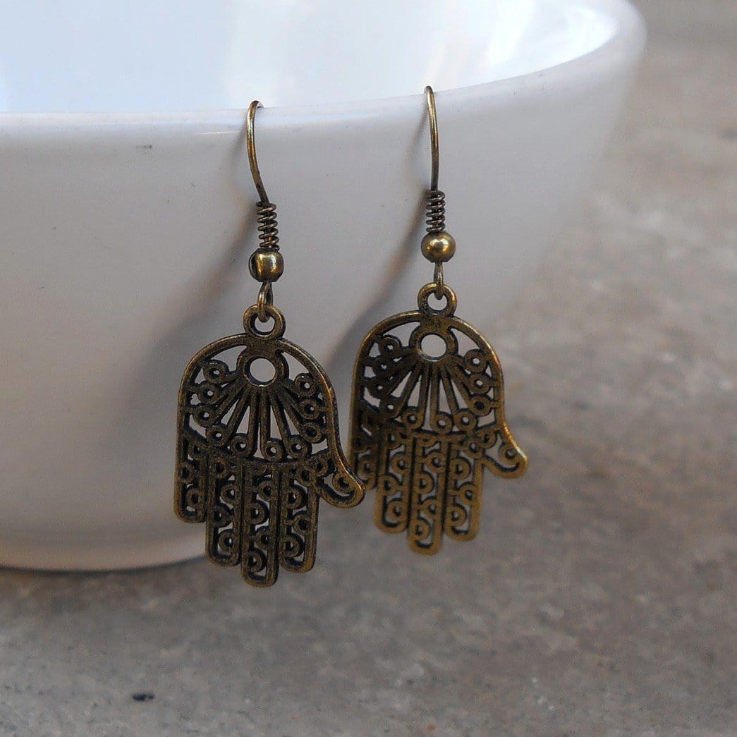 Earrings - Protection, Antiqued Brass Hamsa, Hand Of Fatima Earrings