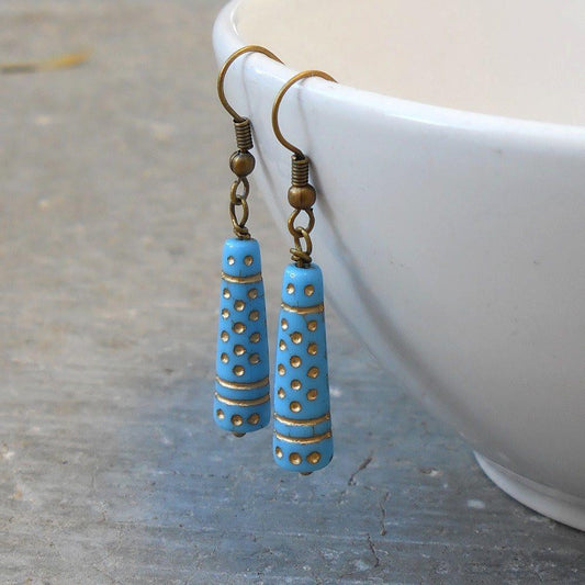 Earrings - Sky, Light Blue Vintage Glass With Gold Detail Earrings