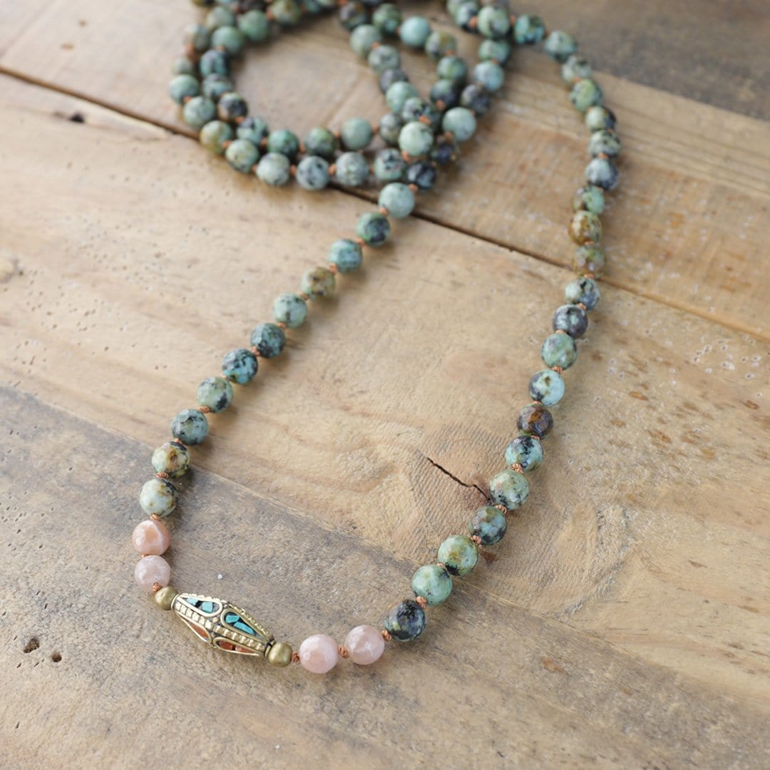 Necklaces - African Turquoise And Sunstone Hand Knotted Mala Necklace