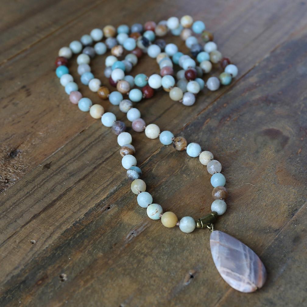 Necklaces - Amazonite And Sunstone Hand Knotted Mala Necklace