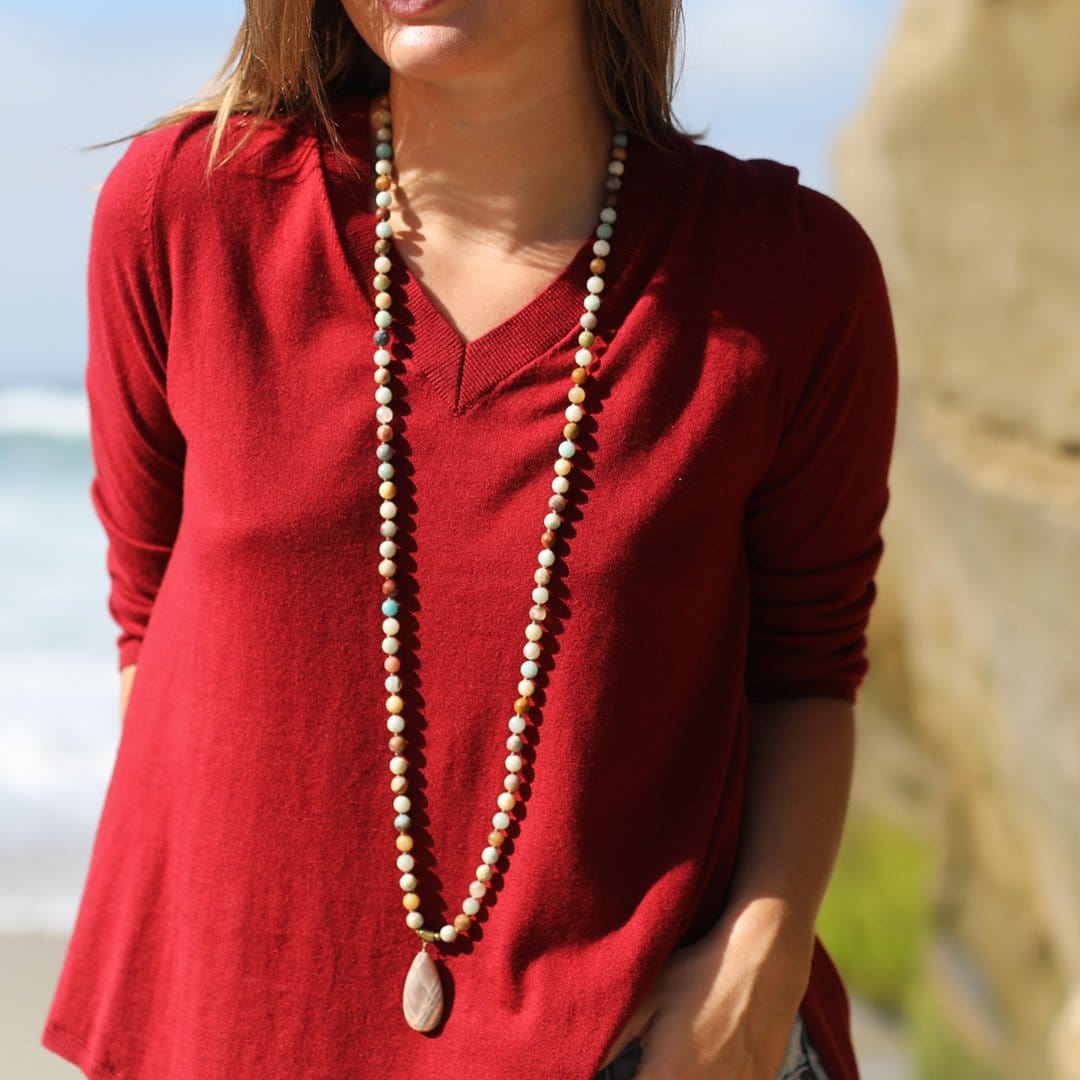 Necklaces - Amazonite And Sunstone Hand Knotted Mala Necklace