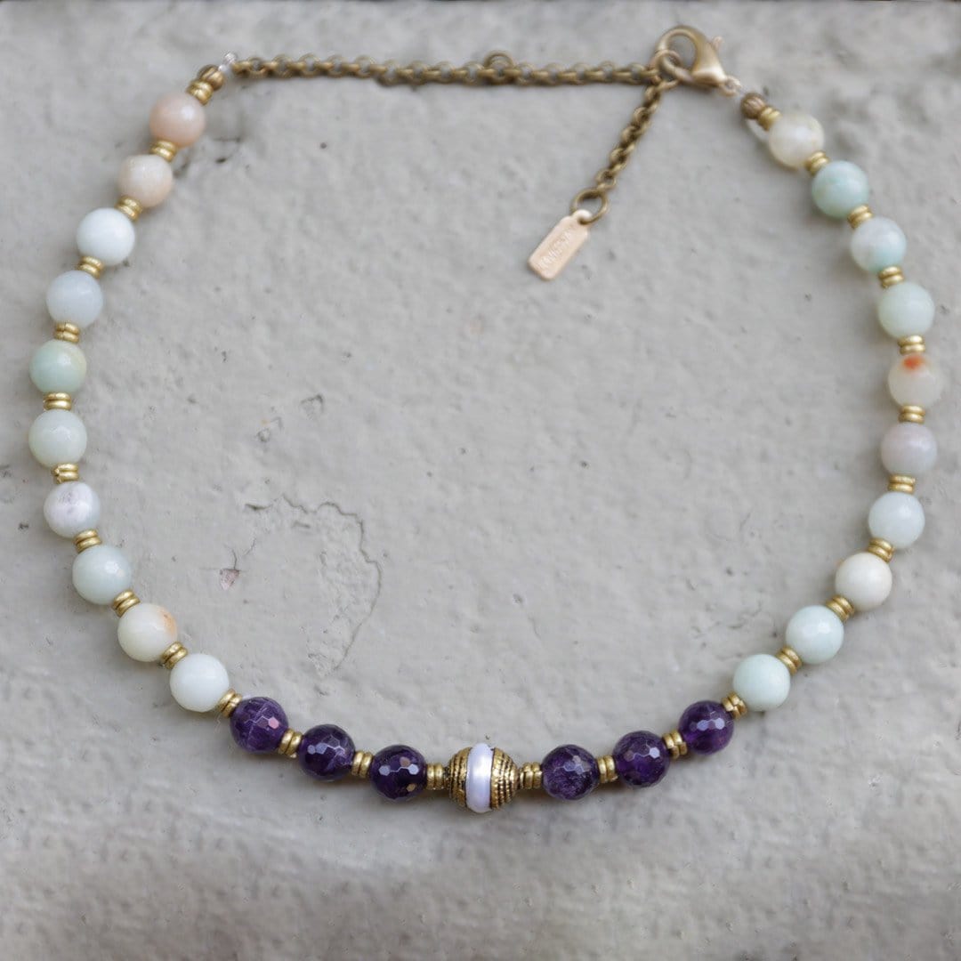 Necklaces - Amethyst And Amazonite "Communication And Healing" Mala Choker