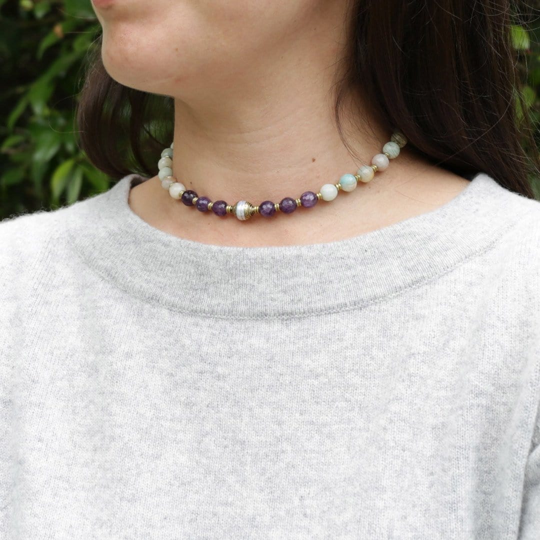 Necklaces - Amethyst And Amazonite "Communication And Healing" Mala Choker