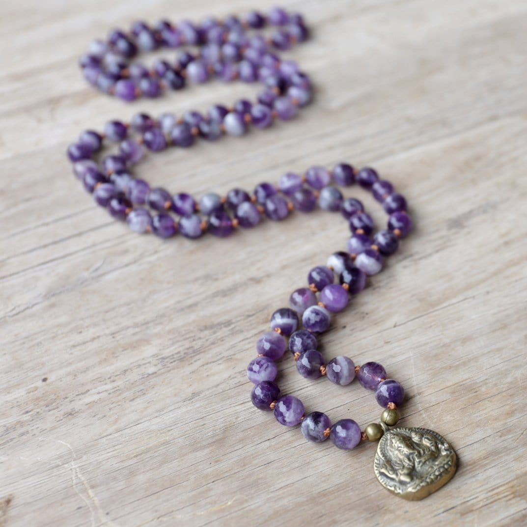 Necklaces - Amethyst Hand Knotted Mala Necklace With Ganesh 'Success' Pendant