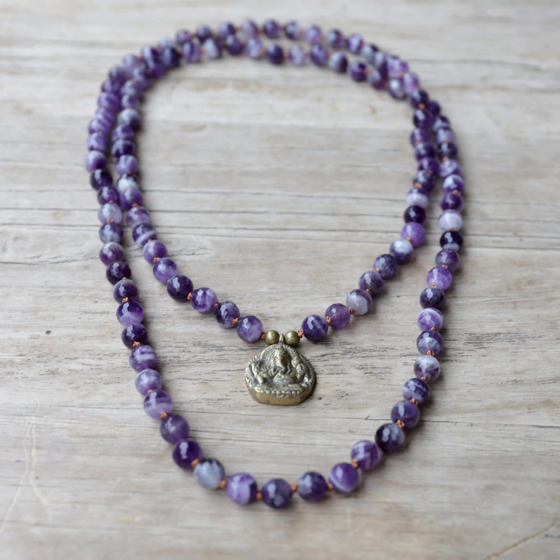 Necklaces - Amethyst Hand Knotted Mala Necklace With Ganesh 'Success' Pendant