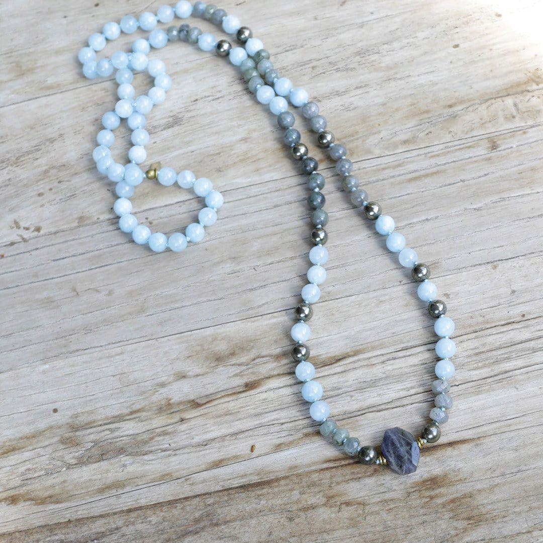 Necklaces - Aquamarine Hand Knotted Mala Necklace