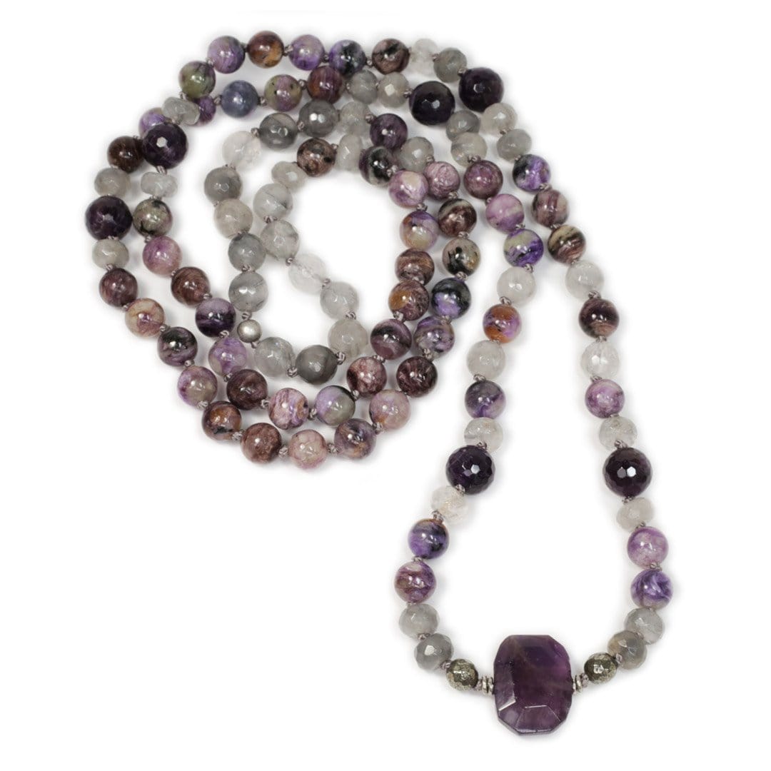 Necklaces - Charoite, Cloudy Quartz, And Amethyst Hand Knotted Mala Necklace