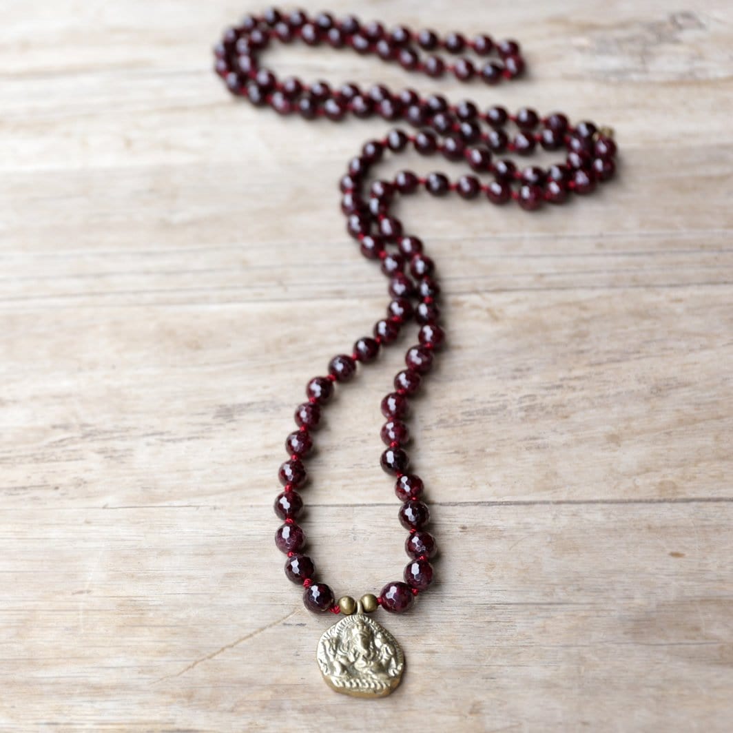 Necklaces - Garnet Hand Knotted Mala Necklace With Ganesh 'Success' Pendant