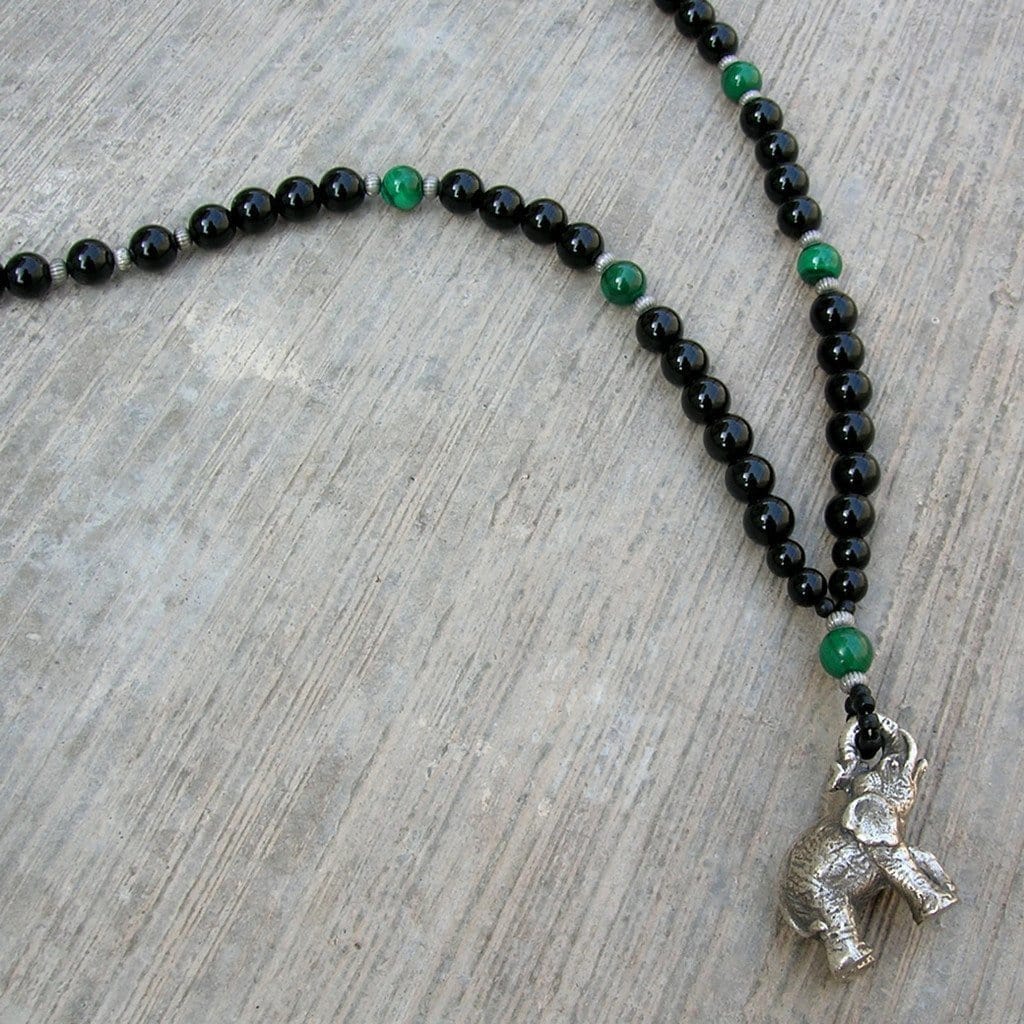 Necklaces - Genuine Onyx And Malachite Gemstone Necklace With Elephant Pendant