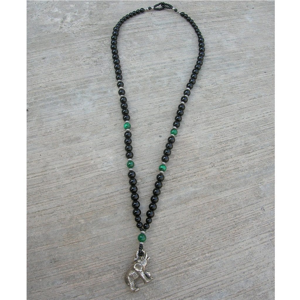 Necklaces - Genuine Onyx And Malachite Gemstone Necklace With Elephant Pendant