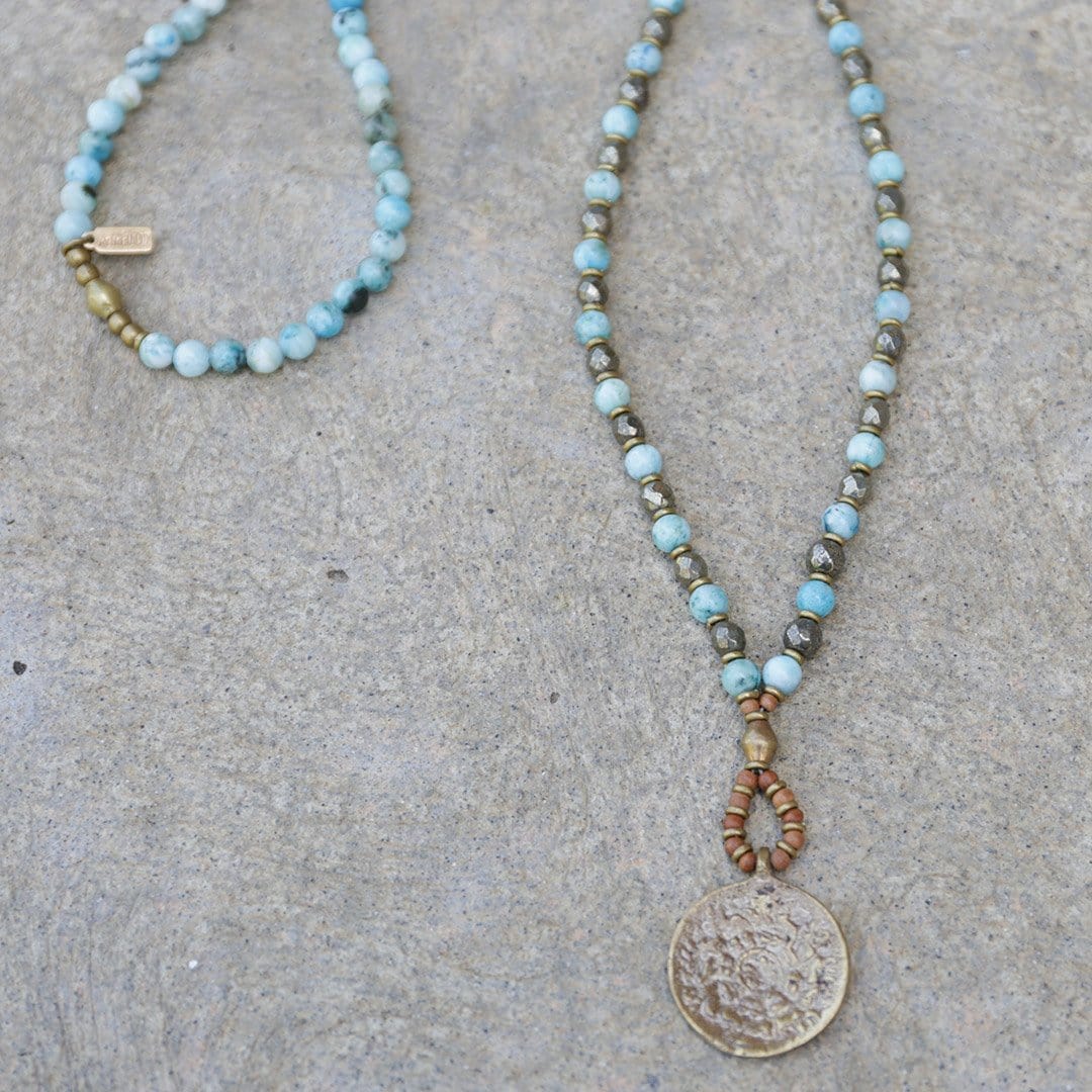 Necklaces - Hemimorphite And Pyrite 'Communication And Strength' Mala Necklace