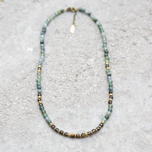 Necklaces - "Prosperity And Abundance" Moss Agate And Smoky Quartz Delicate Gemstone Necklace