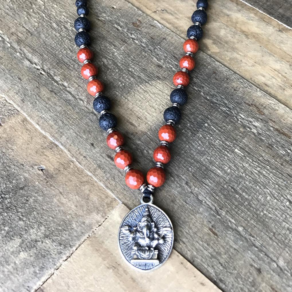 Necklaces - Root Chakra Aromatherapy Lava Rock Mala Beads With Ganesh Pendant