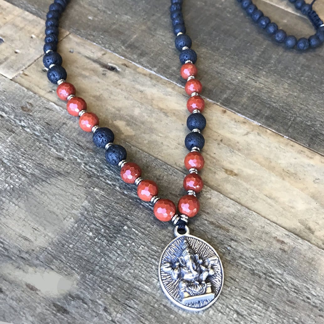 Necklaces - Root Chakra Aromatherapy Lava Rock Mala Beads With Ganesh Pendant