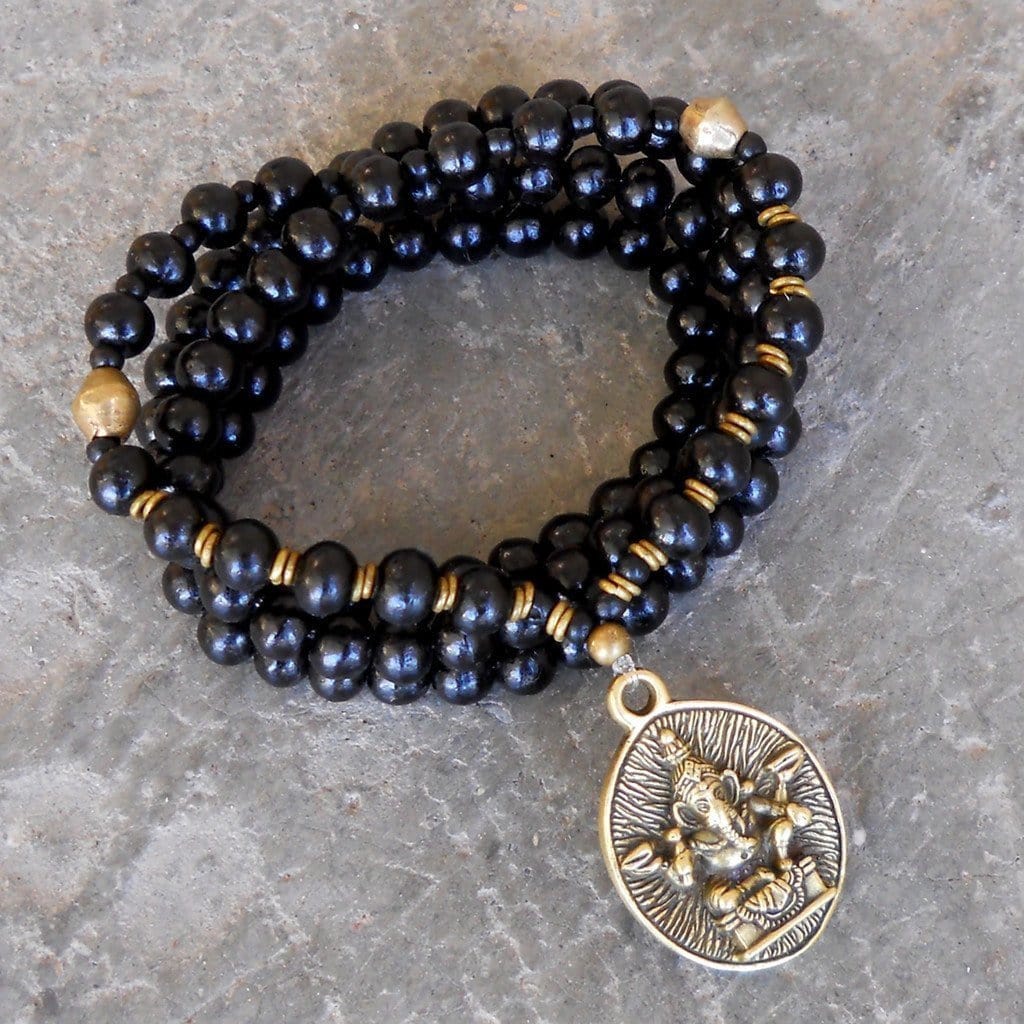 Necklaces - Strength - 108 Mala Wood Prayer Beads And African Trade Bead Wrap Yoga Bracelet Or Necklace, With Ganesh Pendant