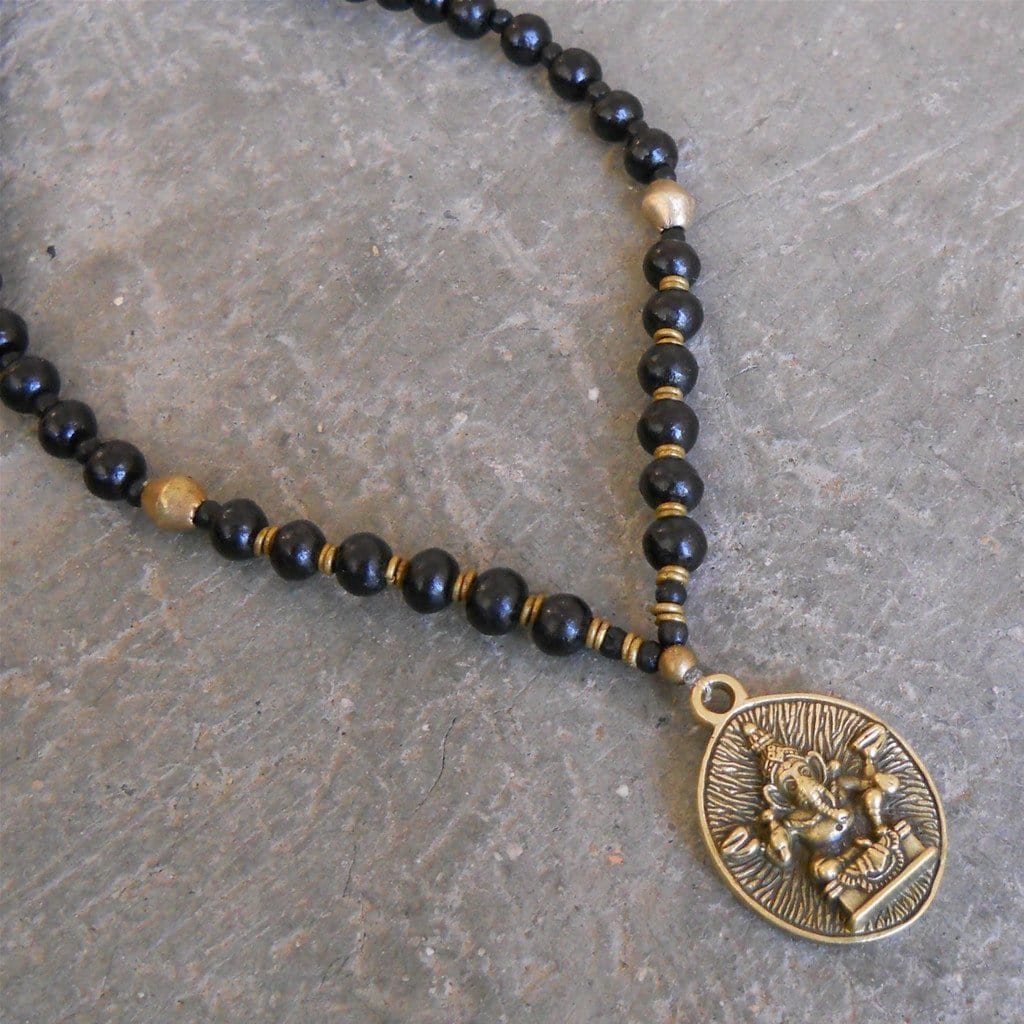 Necklaces - Strength - 108 Mala Wood Prayer Beads And African Trade Bead Wrap Yoga Bracelet Or Necklace, With Ganesh Pendant