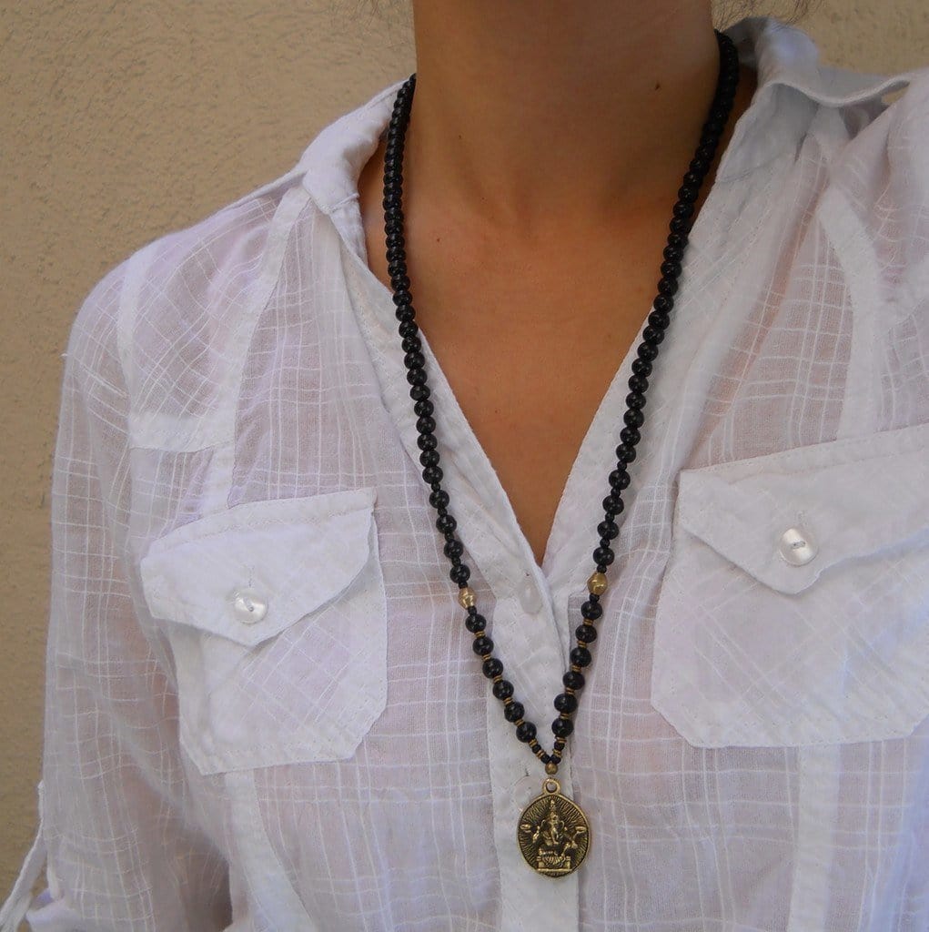 Necklaces - Strength - 108 Mala Wood Prayer Beads And African Trade Bead Wrap Yoga Bracelet Or Necklace, With Ganesh Pendant
