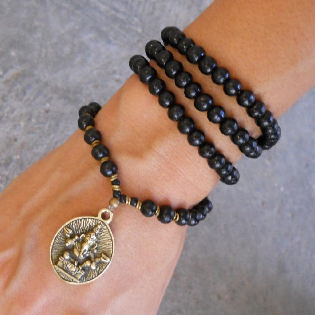 Necklaces - Strength - 108 Mala Wood Prayer Beads And African Trade Bead Wrap Yoga Bracelet Or Necklace, With Ganesh Pendant