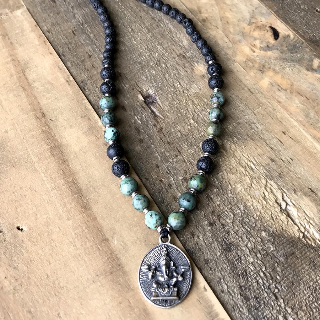 Necklaces - Throat Chakra Aromatherapy Lava Rock Mala Beads With Ganesh Pendant