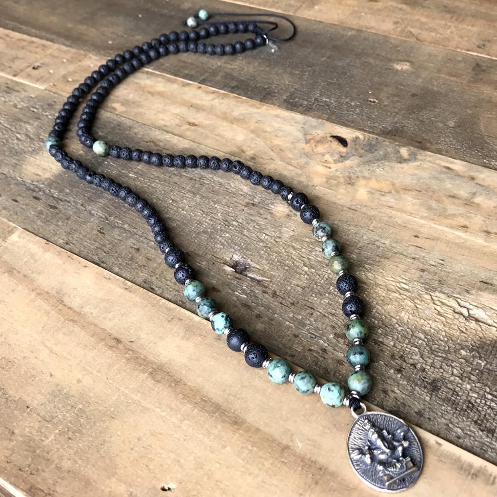 Necklaces - Throat Chakra Aromatherapy Lava Rock Mala Beads With Ganesh Pendant